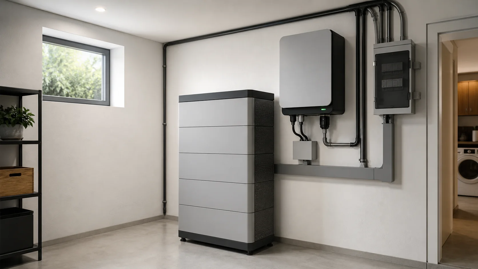 Modularer Batteriespeicher in einem sauber installierten Hauswirtschaftsraum