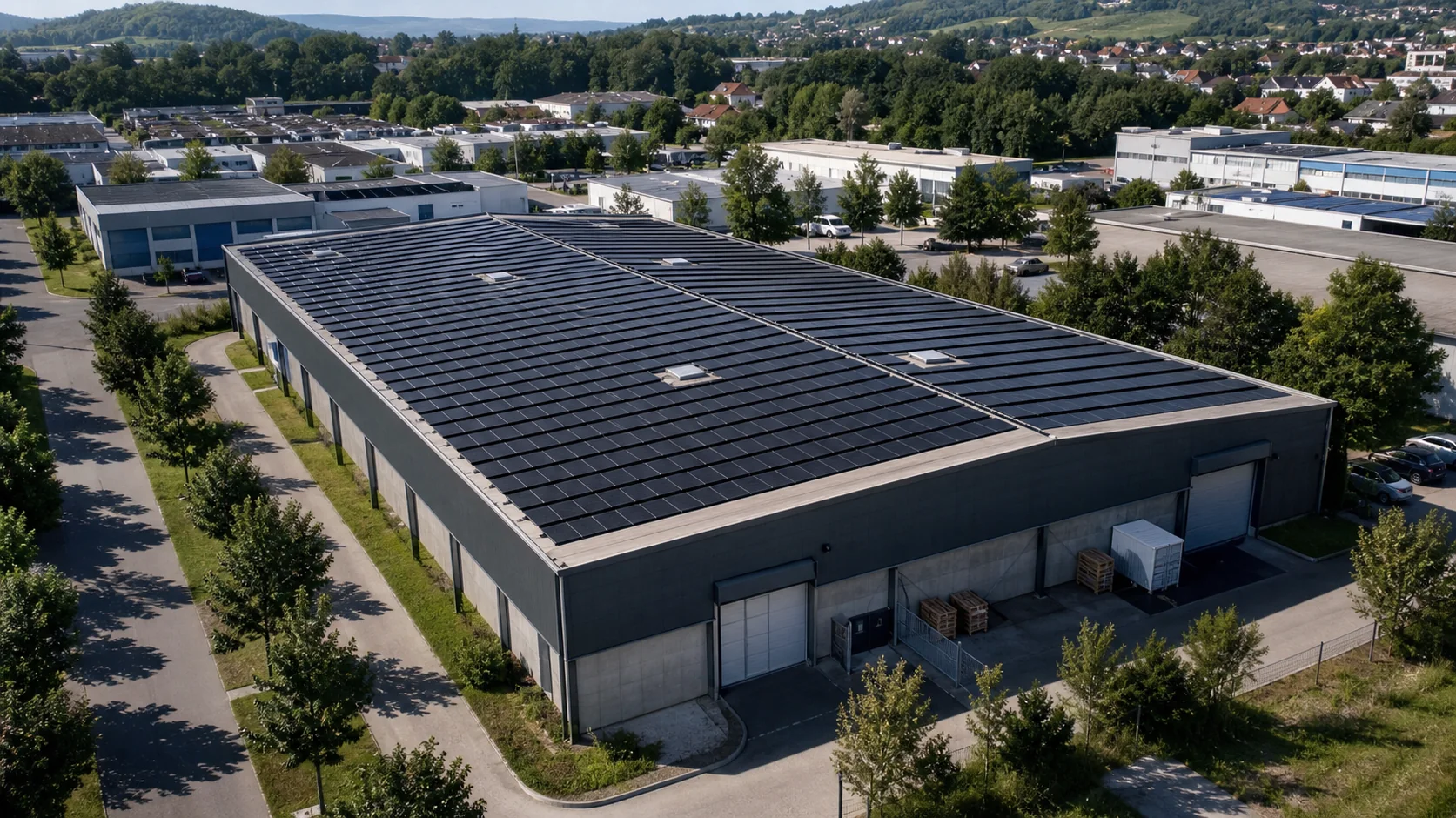 Präzise geplante Photovoltaikanlage auf einem Gewerbedach