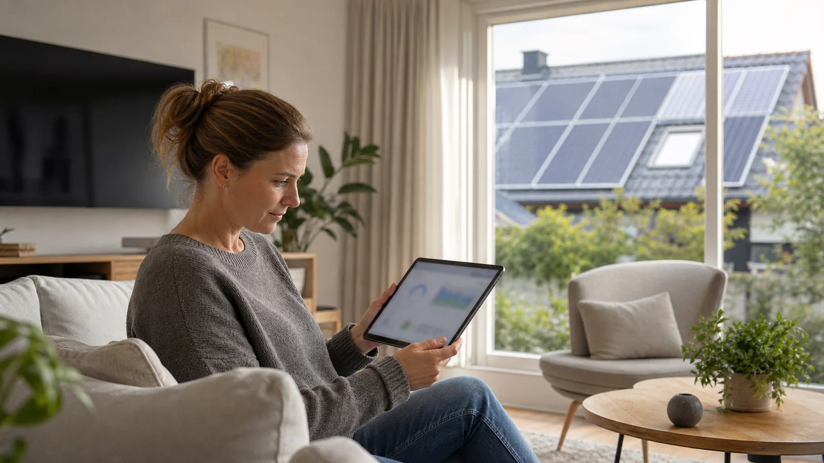 Hauseigentümerin verfolgt die Energieflüsse ihres Gebäudes auf einem Tablet