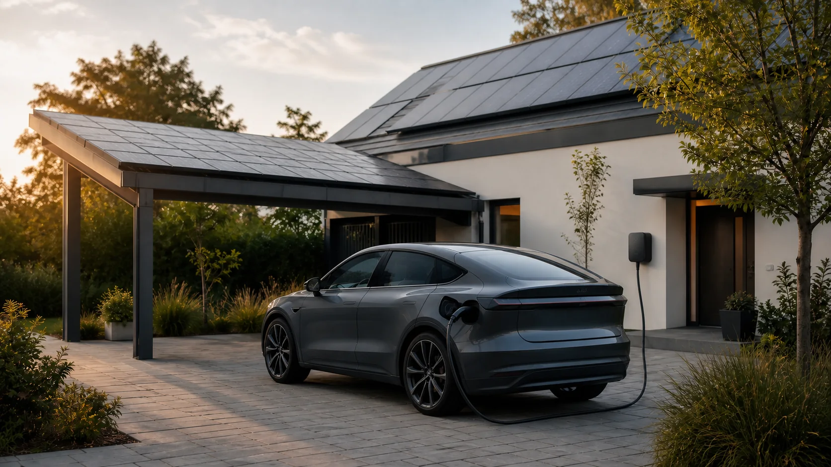 Elektrofahrzeug lädt an einer privaten Wallbox mit Solarstrom