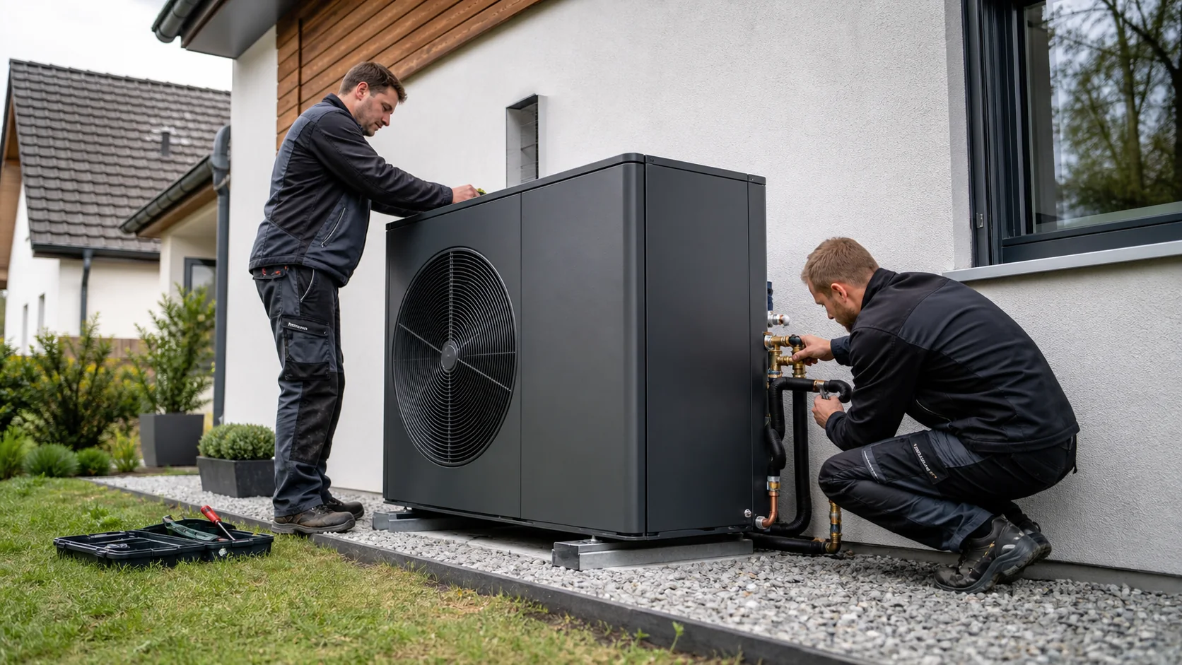 Zwei Fachkräfte installieren eine Luft-Wasser-Wärmepumpe an einem Wohnhaus