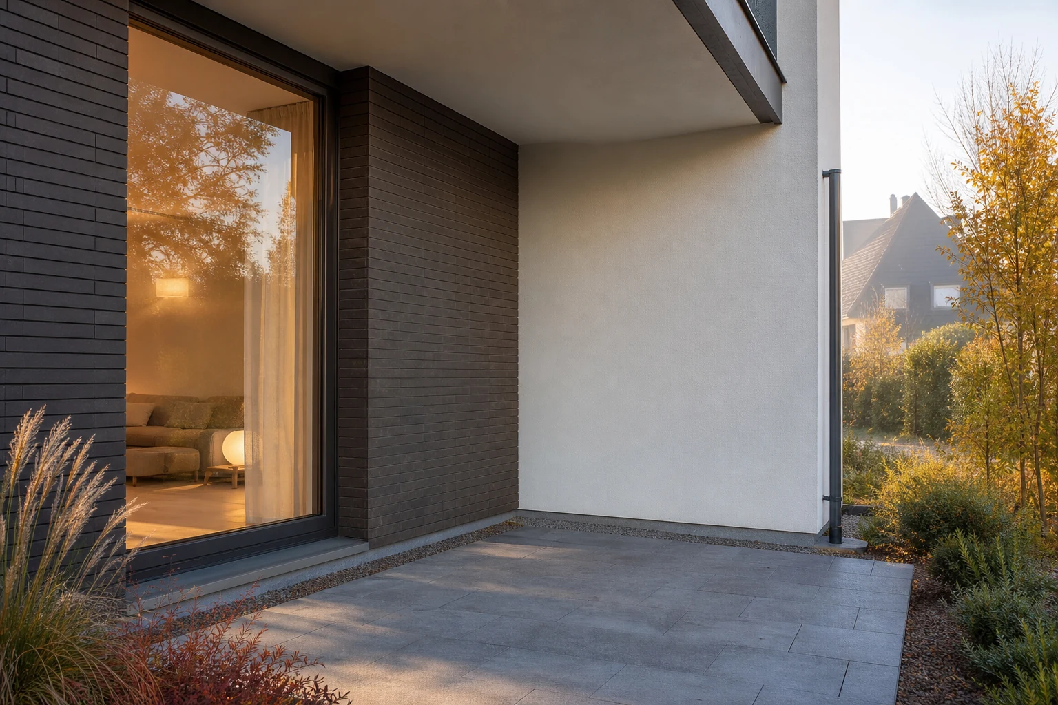 Modernisierte Hausfassade als Einbaukontext für eine Wärmepumpe
